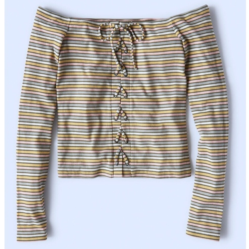 Aeropostale Long Sleeve Seriously Soft Striped Lace Up Off Shoulder Top Sz XS
